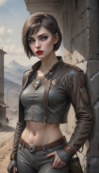 1girl,solo,breasts,looking at viewer,short hair,bangs,blue eyes,brown hair,shirt,black hair,gloves,long sleeves,navel,jewelry,medium breasts,standing,collarbone,jacket,weapon,cowboy shot,outdoors,parted lips,open clothes,sky,teeth,day,midriff,belt,pants,cloud,fingerless gloves,necklace,stomach,open jacket,blue sky,lips,black jacket,crop top,gun,makeup,black pants,denim,lipstick,building,grey shirt,buckle,handgun,pendant,arm at side,cropped jacket,toned,hand in pocket,jeans,red lips,holster,leather,ruins,badge,thigh holster,leather jacket,mascara,holstered weapon,blush,solo focus,black gloves,artist name,nail polish,fingernails,swept bangs,abs,eyeshadow,pouch,mountain,realistic,nose,eyeliner,desert