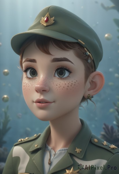 1girl,solo,smile,short hair,brown hair,shirt,hair ornament,hat,brown eyes,jewelry,jacket,white shirt,upper body,earrings,parted lips,hairclip,artist name,star (symbol),blurry,uniform,black eyes,lips,military,military uniform,portrait,freckles,epaulettes,military hat,green jacket,nose,green headwear,military jacket,medal,green eyes,teeth,eyelashes,blurry background,peaked cap,underwater,realistic,air bubble,world war ii,coral