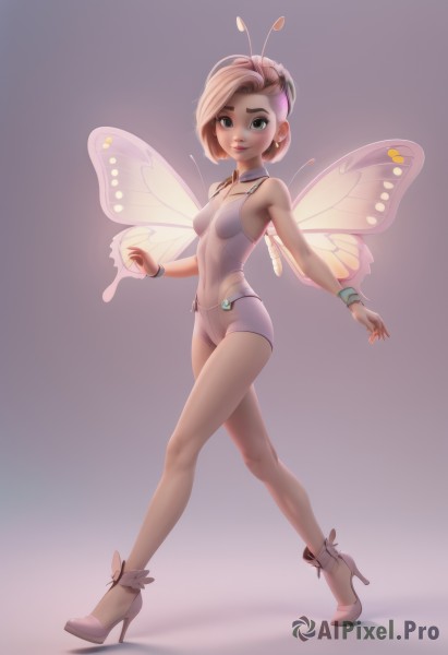 1girl,solo,breasts,looking at viewer,smile,short hair,blonde hair,simple background,brown hair,bare shoulders,jewelry,medium breasts,closed mouth,standing,full body,pink hair,multicolored hair,earrings,small breasts,wings,shoes,shorts,high heels,bracelet,leotard,lips,gradient,wrist cuffs,gradient background,makeup,detached collar,shadow,bug,wristband,walking,purple background,antennae,fairy wings,fairy,butterfly wings,pink wings,blue eyes,green eyes,artist name,short shorts,white footwear,ballet slippers