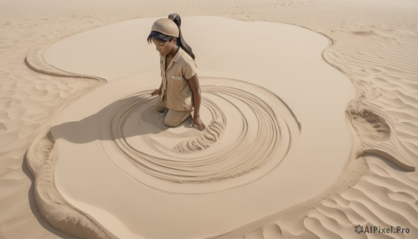 1girl,solo,long hair,shirt,black hair,hat,closed mouth,closed eyes,white shirt,ponytail,short sleeves,food,shorts,collared shirt,pants,dark skin,dark-skinned female,kneeling,shadow,white headwear,from above,plate,pocket,breast pocket,wide shot,sitting,water,beach,helmet,seiza,sand,surreal,brown theme,desert