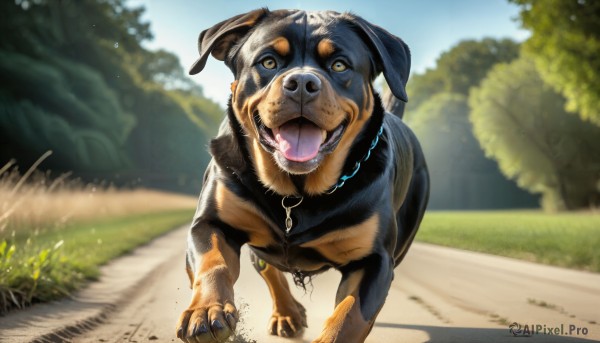 HQ,solo,open mouth,outdoors,sky,day,tongue,tongue out,blurry,collar,tree,no humans,saliva,depth of field,blurry background,animal,grass,claws,running,dog,realistic,road,animal focus,looking at viewer,yellow eyes,teeth,blue sky,fangs,nature