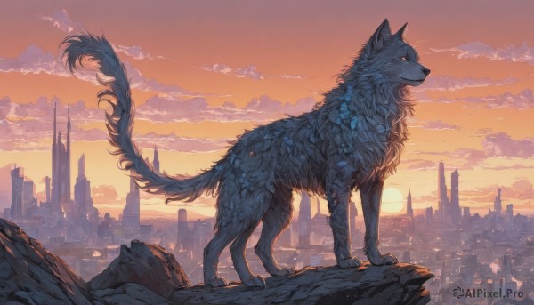 solo,standing,tail,yellow eyes,outdoors,sky,cloud,from side,no humans,animal,cloudy sky,building,scenery,sunset,city,sun,cityscape,wolf,orange sky,fantasy