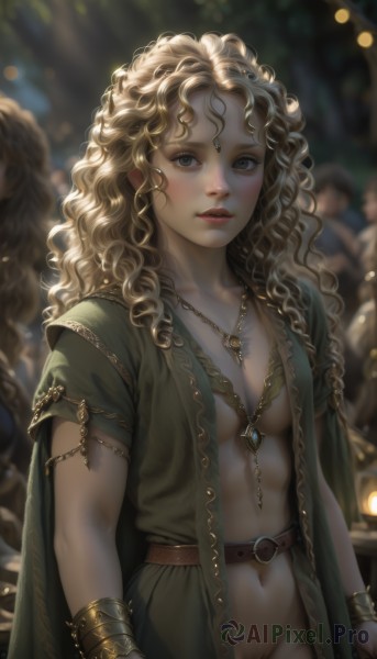 1girl,solo,long hair,breasts,looking at viewer,blue eyes,blonde hair,dress,navel,cleavage,jewelry,medium breasts,standing,collarbone,short sleeves,cowboy shot,outdoors,parted lips,open clothes,pussy,solo focus,belt,artist name,necklace,stomach,cape,blurry,bracelet,lips,grey eyes,pubic hair,no bra,uncensored,no panties,depth of field,blurry background,wavy hair,female pubic hair,curly hair,robe,realistic,nose,fantasy,bracer,green cape,blush,brown eyes,eyelashes,pendant,green dress,multiple others