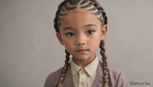 1girl,solo,long hair,looking at viewer,simple background,brown hair,shirt,twintails,brown eyes,closed mouth,jacket,white shirt,upper body,braid,collared shirt,grey background,black eyes,twin braids,lips,wing collar,child,portrait,realistic,female child,black hair,white background,dark skin,nose