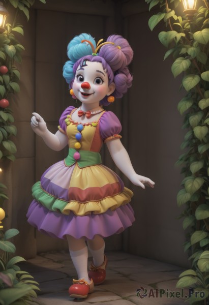 1girl,solo,breasts,looking at viewer,blush,smile,short hair,open mouth,hair ornament,dress,bow,jewelry,standing,full body,purple hair,short sleeves,:d,multicolored hair,earrings,outdoors,frills,shoes,teeth,socks,puffy sleeves,artist name,hand up,bowtie,necklace,hair bun,black eyes,red bow,puffy short sleeves,makeup,night,colored skin,leaf,plant,lipstick,white socks,red footwear,child,multicolored clothes,purple dress,pom pom (clothes),personification,beads,lantern,red lips,female child,lamppost,bead necklace,clown,blue eyes,blue hair,purple eyes,two-tone hair,watermark,pale skin,web address,curly hair,lamp