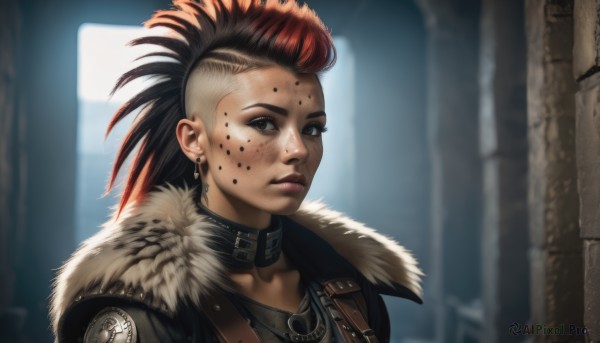 1girl,solo,looking at viewer,brown hair,black hair,brown eyes,jewelry,jacket,upper body,red hair,multicolored hair,earrings,choker,blurry,black eyes,collar,two-tone hair,lips,fur trim,makeup,blurry background,piercing,ear piercing,portrait,freckles,realistic,nose,leather,undercut,leather jacket,mohawk,long hair,signature,fur collar,asymmetrical hair,black collar,facepaint