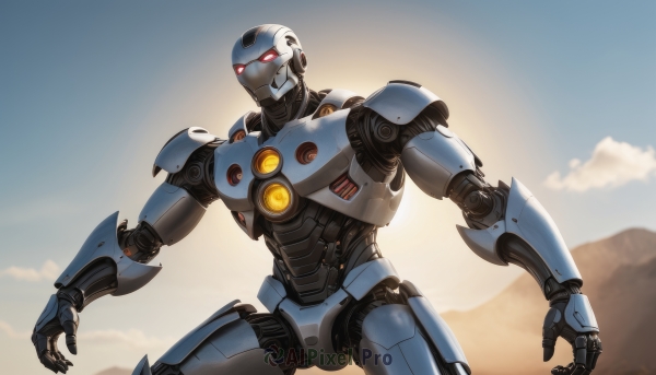 solo,red eyes,standing,outdoors,sky,cloud,no humans,glowing,robot,mecha,glowing eyes,science fiction,mountain,looking ahead,open hands,humanoid robot,1boy,military,realistic,sun,military vehicle