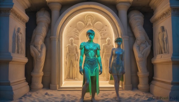 1girl,solo,breasts,looking at viewer,short hair,blue eyes,multiple girls,thighhighs,gloves,dress,bare shoulders,jewelry,blue hair,standing,barefoot,armor,blue dress,colored skin,blue skin,arms at sides,pillar,statue,column,indoors,see-through,glowing,helmet,backlighting,walking,green skin