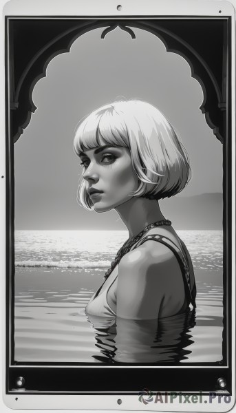 1girl,solo,breasts,looking at viewer,short hair,bangs,jewelry,medium breasts,closed mouth,monochrome,swimsuit,upper body,greyscale,bikini,small breasts,water,necklace,covered nipples,from side,lips,eyelashes,sideboob,ocean,border,bob cut,partially submerged,nose,framed,bare shoulders,looking to the side,reflection,photo (object)