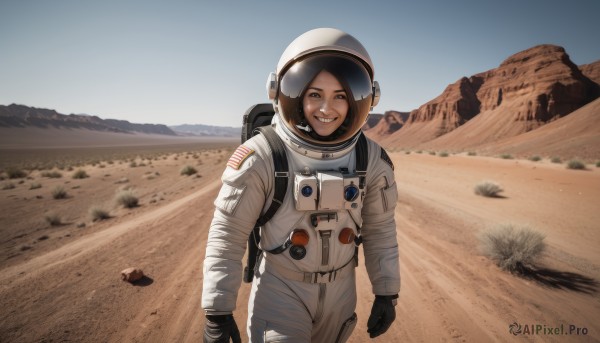 1girl,solo,looking at viewer,smile,short hair,brown hair,gloves,brown eyes,outdoors,sky,teeth,day,black gloves,bag,grin,black eyes,backpack,helmet,scenery,walking,rock,realistic,sand,american flag,spacesuit,desert,japanese flag,space helmet,astronaut,black hair,blue sky,mountain,flag,planet,debris