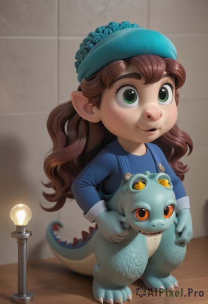 1girl,solo,long hair,smile,brown hair,shirt,hat,green eyes,standing,tail,full body,pointy ears,indoors,blurry,cosplay,suspenders,crossover,child,blue headwear,freckles,female child,lamp,overalls,blue overalls,open mouth,realistic,nose