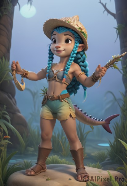 1girl,solo,long hair,breasts,smile,hat,navel,holding,bare shoulders,brown eyes,jewelry,blue hair,standing,tail,full body,braid,small breasts,boots,outdoors,shorts,pointy ears,midriff,belt,artist name,dark skin,necklace,mole,twin braids,flat chest,bracelet,dark-skinned female,tree,lips,fingernails,short shorts,toes,night,brown footwear,moon,sandals,thick eyebrows,grass,plant,child,nature,full moon,armlet,freckles,toenails,sun hat,brown headwear,straw hat,brown belt,brown shorts,green shorts,side braids,sky,signature,water,buckle,fish tail,shark tail,lizard tail