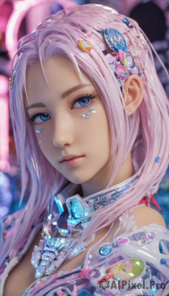 1girl,solo,long hair,breasts,looking at viewer,bangs,blue eyes,hair ornament,jewelry,closed mouth,upper body,pink hair,earrings,blurry,lips,eyelashes,makeup,depth of field,blurry background,portrait,science fiction,realistic,nose,cyborg,cyberpunk,artist name,halo,facial mark,gem,close-up,forehead,hologram