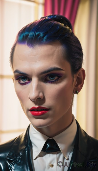 1girl,solo,looking at viewer,short hair,blue eyes,shirt,black hair,jewelry,blue hair,jacket,white shirt,multicolored hair,earrings,parted lips,necktie,collared shirt,indoors,hair bun,blurry,lips,black jacket,eyelashes,makeup,blurry background,formal,single hair bun,suit,lipstick,curtains,portrait,black necktie,eyeshadow,realistic,red lips,eyeliner,hair pulled back,mascara,bow,teeth,artist name,bowtie,window,nose