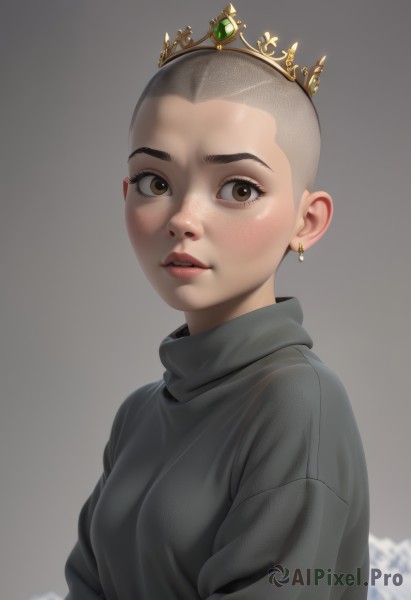 1girl,solo,breasts,looking at viewer,blush,short hair,simple background,brown eyes,jewelry,upper body,grey hair,earrings,parted lips,grey background,sweater,lips,turtleneck,tiara,crown,freckles,very short hair,teeth,gem,realistic,black sweater