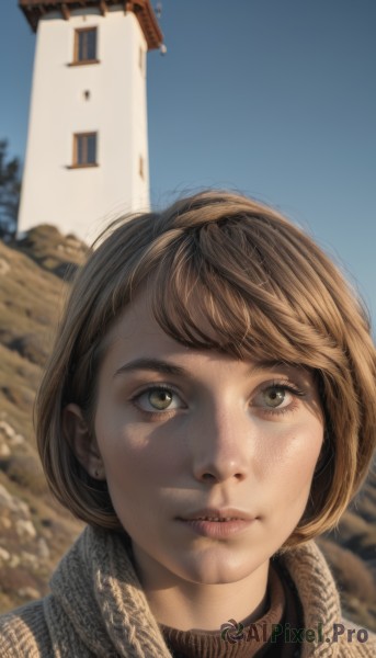 1girl,solo,looking at viewer,short hair,bangs,brown hair,brown eyes,jewelry,green eyes,earrings,outdoors,sky,day,scarf,blurry,blue sky,lips,blurry background,turtleneck,looking up,building,portrait,realistic,nose,stud earrings,parted lips,close-up