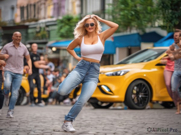 1girl,long hair,breasts,looking at viewer,smile,blonde hair,large breasts,shirt,cleavage,medium breasts,white shirt,outdoors,multiple boys,shoes,solo focus,day,midriff,pants,dark skin,medium hair,blurry,dark-skinned female,lips,crop top,hand on hip,blurry background,facial hair,crossed arms,sunglasses,white footwear,dark-skinned male,tank top,denim,tan,ground vehicle,sneakers,eyewear on head,motor vehicle,jeans,realistic,blue pants,car,road,bald,hand on own head,vehicle focus,photo background,aviator sunglasses,multiple girls,standing,arm up,depth of field,beard,6+boys,meme,mustache,dancing,tinted eyewear,old,old man,sports car