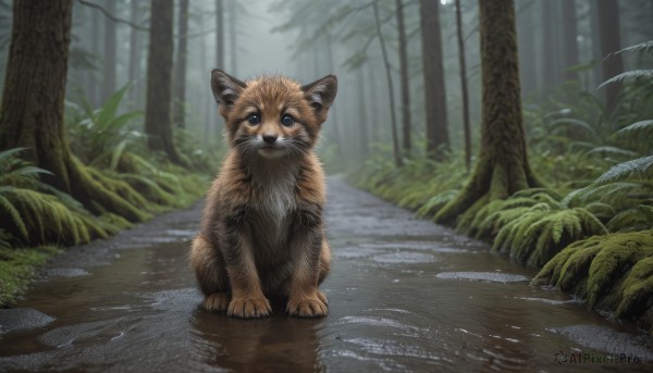 solo,looking at viewer,blue eyes,full body,outdoors,day,water,blurry,tree,no humans,animal,grass,plant,nature,scenery,forest,reflection,realistic,animal focus,puddle,leaf,rain,road,bush