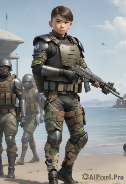 looking at viewer,short hair,brown hair,gloves,1boy,holding,brown eyes,standing,full body,weapon,male focus,boots,outdoors,multiple boys,sky,day,black gloves,pants,2boys,fingerless gloves,water,holding weapon,armor,uniform,blue sky,gun,military,military uniform,mask,bird,ocean,beach,3boys,helmet,holding gun,rifle,walking,science fiction,realistic,aircraft,sand,assault rifle,watercraft,knee pads,camouflage,elbow pads,soldier,bulletproof vest,body armor,1girl,solo focus,cloud,trigger discipline,shoulder pads,multiple others,helicopter