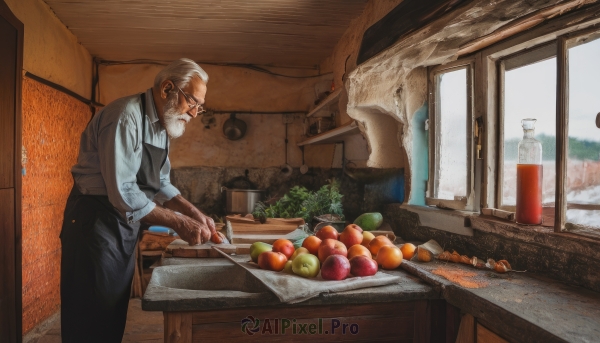 solo,short hair,shirt,long sleeves,1boy,holding,closed mouth,standing,white shirt,white hair,grey hair,male focus,food,glasses,day,collared shirt,pants,indoors,apron,vest,from side,tree,window,leaning forward,fruit,facial hair,scar,black pants,bottle,knife,beard,scar on face,sleeves rolled up,realistic,mustache,apple,basket,old,old man,kitchen,tomato,vegetable,cutting board,onion,closed eyes,profile,looking down,table,plant,scenery,holding knife,carrot,bald,bread,jar,counter,lettuce,potato,radish