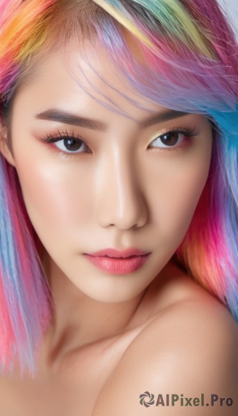 1girl,solo,long hair,looking at viewer,bangs,simple background,bare shoulders,brown eyes,closed mouth,collarbone,pink hair,nude,multicolored hair,two-tone hair,lips,eyelashes,gradient hair,makeup,swept bangs,portrait,close-up,eyeshadow,personification,realistic,nose,rainbow hair,blonde hair,blue hair,looking to the side