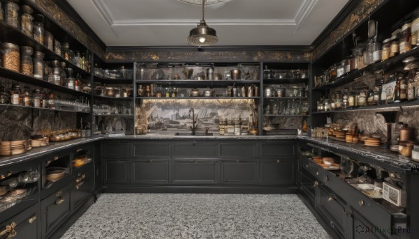 indoors,cup,no humans,table,bottle,scenery,alcohol,drinking glass,lamp,wine glass,stool,wine,shelf,wine bottle,ceiling,bar (place),counter,ceiling light,chandelier,whiskey,food,plate,tiles,kitchen,jar,shop,cabinet,stove