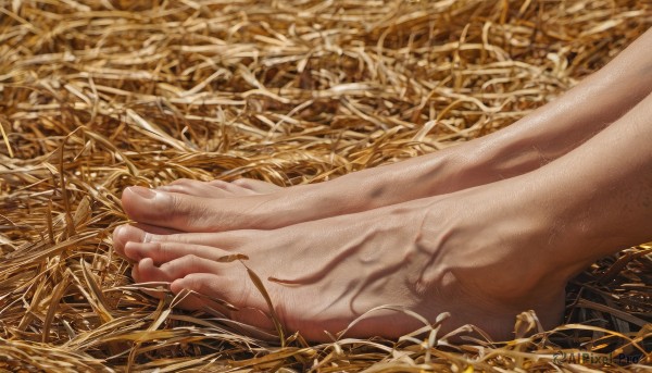 solo,1boy,male focus,barefoot,feet,toes,soles,grass,close-up,out of frame,realistic,foot focus,dirty,dirty feet,wheat,1girl,nude,lying,on back,fingernails,veins,field,on ground,lower body