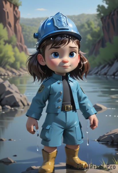 1girl,solo,blush,smile,blue eyes,brown hair,shirt,long sleeves,hat,closed mouth,standing,jacket,full body,boots,outdoors,open clothes,sky,shorts,day,belt,medium hair,water,blurry,uniform,open jacket,tree,blue sky,wet,black shirt,blurry background,helmet,grass,blue shirt,blue jacket,child,blue headwear,blue shorts,pocket,black belt,rock,belt buckle,female child,police,river,yellow footwear,lake,puddle,rubber boots,pond,short hair,black hair,twintails,lips,freckles