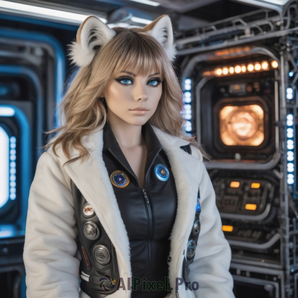 1girl,solo,long hair,looking at viewer,bangs,blue eyes,blonde hair,brown hair,shirt,long sleeves,animal ears,closed mouth,jacket,upper body,open clothes,cat ears,blunt bangs,blurry,vest,open jacket,lips,black shirt,white jacket,ground vehicle,zipper,realistic,nose,unzipped,badge,breasts,coat,science fiction,button badge