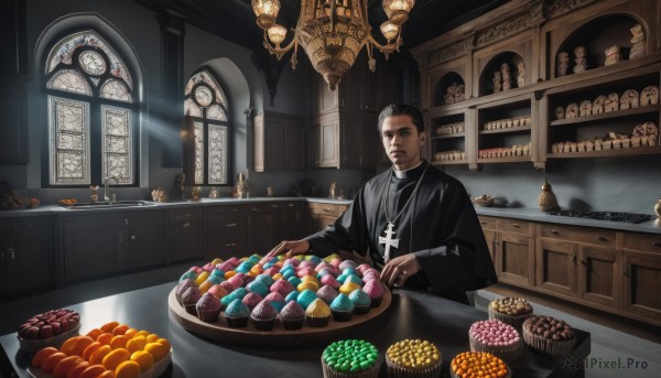 solo,looking at viewer,short hair,black hair,long sleeves,1boy,jewelry,closed mouth,male focus,food,indoors,necklace,black eyes,window,facial hair,table,ring,cross,gem,robe,nun,candle,cross necklace,coin,statue,shop,stained glass,latin cross,church,black robe,chandelier,priest,holding,sitting,fruit,sunlight,box,light rays,chocolate,cookie,gold,candlestand