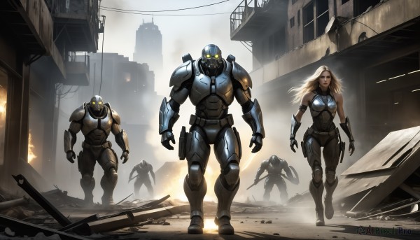 HQ,1girl,long hair,blonde hair,yellow eyes,weapon,outdoors,multiple boys,armor,gun,bodysuit,mask,glowing,helmet,fire,robot,building,mecha,glowing eyes,rifle,smoke,walking,science fiction,city,realistic,cable,ruins,power armor,soldier,power suit,breasts,blue eyes,gloves,boots,2boys,3boys,running,alien,fleeing,dust,arm blade