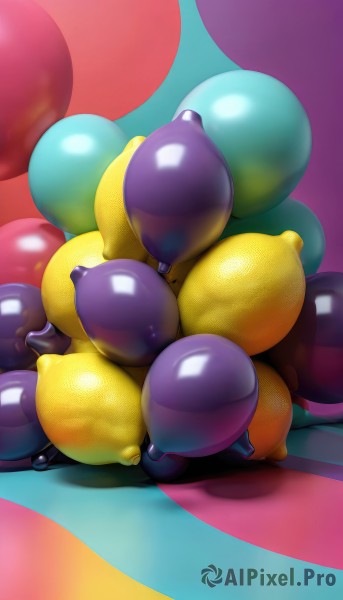 1girl,solo,breasts,large breasts,nipples,food,shiny,mole,huge breasts,shiny skin,no humans,fruit,puffy nipples,breasts squeezed together,large areolae,balloon,covered nipples,gradient,gradient background,pink background,ball,purple background,grapes,orange (fruit),food focus,blueberry