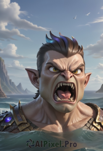 solo,looking at viewer,open mouth,brown hair,black hair,1boy,brown eyes,collarbone,yellow eyes,male focus,outdoors,sky,teeth,day,pointy ears,artist name,cloud,water,armor,blue sky,bird,ocean,fangs,cloudy sky,shoulder armor,portrait,angry,partially submerged,hair slicked back,uvula,short hair,blue hair,multicolored hair,tongue,two-tone hair,facial hair,sharp teeth,mountain