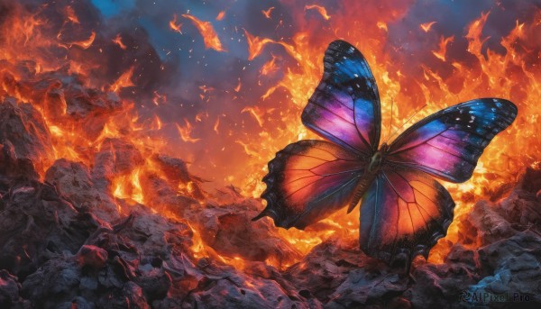 standing, outdoors, wings, sky, pokemon (creature), no humans, bird, animal, bug, fire, butterfly, rock