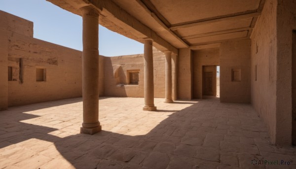 outdoors,sky,day,blue sky,no humans,window,shadow,sunlight,building,scenery,stairs,door,ruins,pillar,hallway,column,cloud,shade,wall,architecture,arch,stone floor