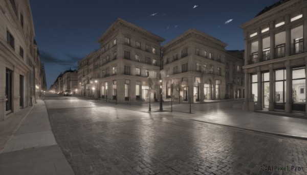 solo,outdoors,sky,cloud,tree,no humans,window,night,bird,building,star (sky),night sky,scenery,city,door,road,house,lamppost,street,day,blue sky,cityscape,pavement,crosswalk,vanishing point,sidewalk