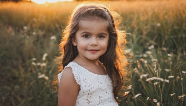 1girl,solo,long hair,looking at viewer,smile,brown hair,dress,brown eyes,closed mouth,upper body,flower,outdoors,sleeveless,day,white dress,blurry,lips,sleeveless dress,depth of field,blurry background,sunlight,grass,child,curly hair,realistic,female child,field,flower field