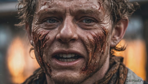 solo,looking at viewer,short hair,open mouth,blonde hair,brown hair,1boy,jewelry,male focus,teeth,blurry,lips,grey eyes,blood,depth of field,blurry background,facial hair,portrait,blood on face,realistic,old,smile,earrings,scarf,scar,clenched teeth,beard,close-up,manly