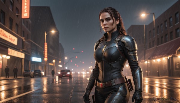 1girl,solo,long hair,breasts,brown hair,gloves,brown eyes,standing,weapon,braid,outdoors,sky,solo focus,belt,water,armor,lips,wet,gun,bodysuit,night,ground vehicle,shoulder armor,building,motor vehicle,reflection,science fiction,rain,breastplate,city,sign,realistic,car,road,lamppost,street,looking at viewer,blue eyes,medium breasts