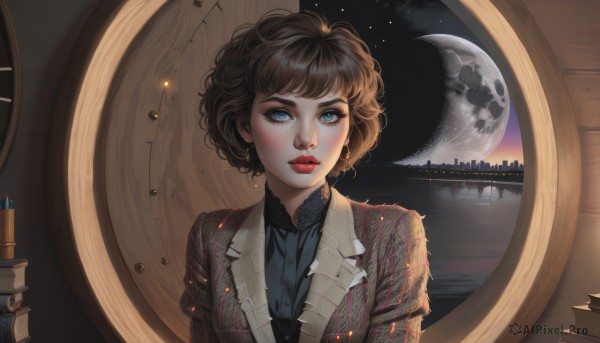 1girl,solo,looking at viewer,short hair,bangs,blue eyes,brown hair,shirt,jewelry,jacket,upper body,earrings,parted lips,sky,collared shirt,lips,black shirt,eyelashes,makeup,night,formal,moon,suit,lipstick,star (sky),reflection,curly hair,realistic,nose,red lips,watercraft,planet,water,book,blue shirt,messy hair,night sky,lace,full moon,clock,eyeliner,plaid shirt,book stack,tower,mascara,bookmark