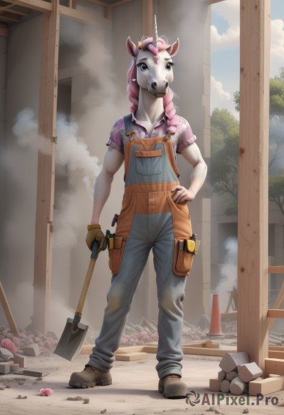 1girl,solo,long hair,looking at viewer,shirt,gloves,1boy,holding,animal ears,standing,full body,weapon,pink hair,braid,short sleeves,male focus,outdoors,horns,sky,day,artist name,cloud,twin braids,tree,hand on hip,mask,brown footwear,furry,brown gloves,smoke,single glove,overalls,axe,hammer,shovel,hooves,pocket,rock