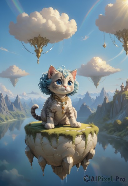 solo,blue eyes,jewelry,sitting,blue hair,outdoors,sky,day,artist name,cloud,signature,water,necklace,blue sky,no humans,animal,watermark,cat,grass,looking up,scenery,web address,curly hair,mountain,fantasy,sun,rainbow,floating island,animal ears,tail,cat ears,tree,furry,reflection,aircraft,furry female,animal focus,whiskers,grey fur