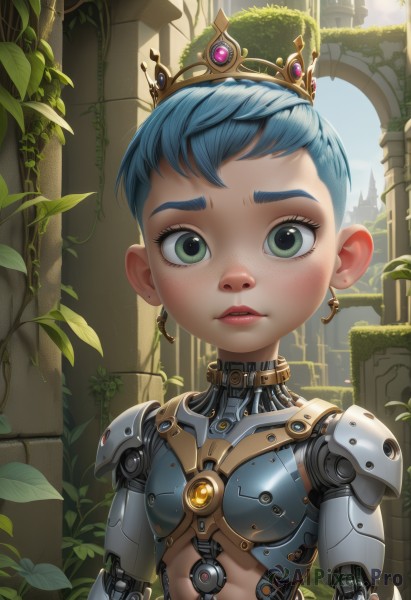 1girl,solo,looking at viewer,short hair,jewelry,green eyes,blue hair,upper body,earrings,outdoors,parted lips,teeth,day,armor,lips,eyelashes,crown,plant,freckles,science fiction,android,joints,very short hair,mechanical arms,ruins,vines,cyborg,single mechanical arm,robot joints,mechanical parts,artist name,leaf,robot,gem,overgrown,ivy