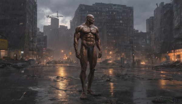 solo,1boy,navel,standing,full body,male focus,outdoors,sky,barefoot,cloud,water,wet,muscular,abs,cloudy sky,pectorals,muscular male,building,motor vehicle,science fiction,rain,topless male,city,aircraft,cityscape,bald,skyscraper,puddle,tattoo,night,fire,ground vehicle,scenery,reflection,walking,realistic,car,road,lamppost,street