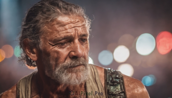 solo,1boy,closed mouth,upper body,grey hair,male focus,hair bun,blurry,depth of field,blurry background,facial hair,single hair bun,tank top,portrait,beard,realistic,mustache,manly,old,old man,bokeh,wrinkled skin,brown eyes,black eyes,grey eyes,scar,looking away,messy hair