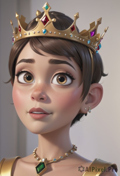 1girl,solo,looking at viewer,smile,short hair,open mouth,brown hair,brown eyes,jewelry,collarbone,earrings,parted lips,teeth,necklace,lips,upper teeth only,tiara,crown,gem,portrait,freckles,bangs,blurry,eyelashes,makeup,thick eyebrows,realistic,nose