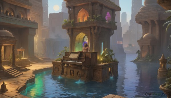 1girl,solo,long hair,breasts,bangs,sitting,purple hair,nude,outdoors,sky,day,dark skin,water,dark-skinned female,tree,window,glowing,plant,building,scenery,reflection,stairs,city,fantasy,potted plant,wide shot,pillar,waterfall,boat,arch,fountain,moon,sunlight,architecture,bridge,statue