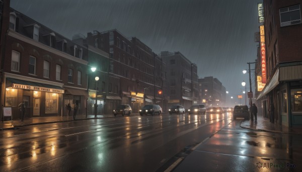 outdoors,sky,cloud,water,no humans,night,cloudy sky,ground vehicle,building,night sky,scenery,motor vehicle,reflection,rain,city,sign,car,light,road,cityscape,lamppost,street,puddle,traffic light,people,crosswalk,1girl,holding,standing,window,umbrella,water drop,silhouette,power lines,road sign,sidewalk