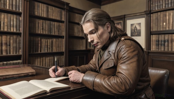 1girl,solo,long hair,long sleeves,holding,brown eyes,sitting,jacket,upper body,grey hair,indoors,from side,lips,book,profile,scar,chair,table,brown jacket,open book,realistic,nose,bookshelf,pen,leather,photo (object),pencil,old,library,holding pen,writing,old woman,wrinkled skin,nib pen (object),brown hair,1boy,male focus,looking down,reading,old man