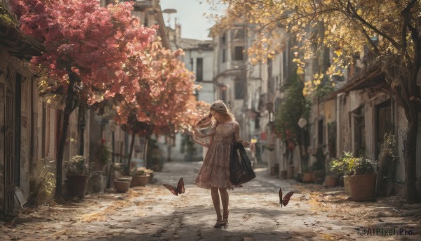 1girl, solo, long hair, brown hair, hat, dress, standing, outdoors, shoes, day, bag, from behind, black footwear, white dress, blurry, tree, leaf, bug, plant, building, butterfly, scenery, potted plant, road, autumn leaves, street, autumn